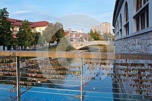 Hundreds of love locks hanging on the bridge in Ljubljana, Slovenia