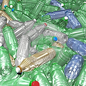 Hundreds of plastic drinking bottles wildly mixed up on a big heap