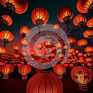 Hundreds of red glowing lanterns drift toward the sky at sunset. Chinese New Year celebrations