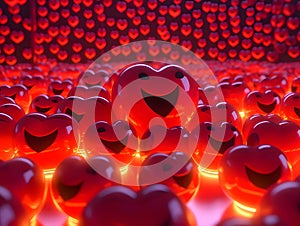 Hundreds of red heart-shaped balloons with eyes and big smiles. Heart as a symbol of affection and