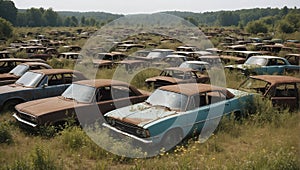 hundreds of rusted cars stand in abandoned field overgrown with weeds