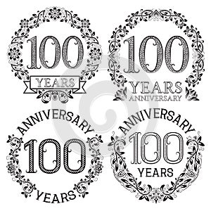 Hundredth anniversary emblems set. Patterned celebration signs in vintage style