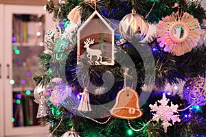 Christmas decorations hung on the Christmas tree.