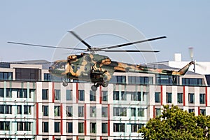 Hungarian Air Force Mil Mi-17 701 transport helicopter display over Danube river in Budapest downtown