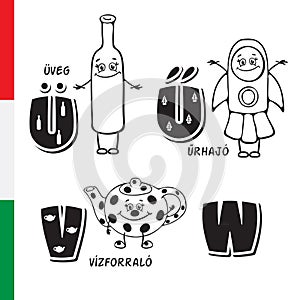 Hungarian alphabet. Bottle, Spacecraft, Maker. Vector letters and characters.