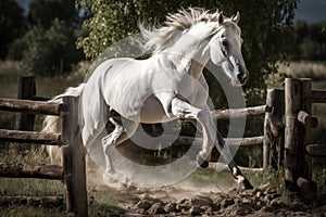 A Hungarian Andalusian horse gracefully leaping over a fence or stream. Capture the romantic, metaphorical symbolism of the
