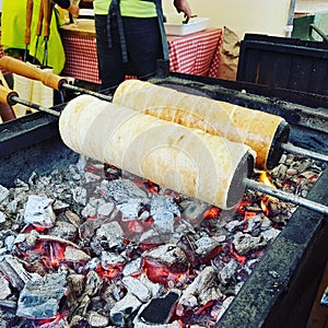 Hungarian Chimney Cakes Cooking over Coals