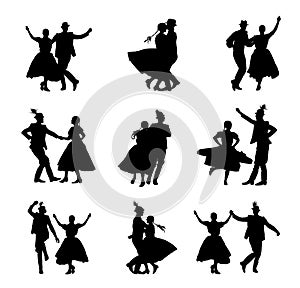 Hungarian csardas folk dancer couples in love, vector silhouette. German folklore Oktoberfest actors.