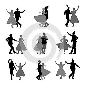 Hungarian csardas folk dancers couple in love vector silhouette. Germany folklore October fest actors. traditional wedding. photo