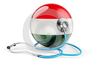 Hungarian flag with stethoscope. Health care in Hungary concept, 3D rendering