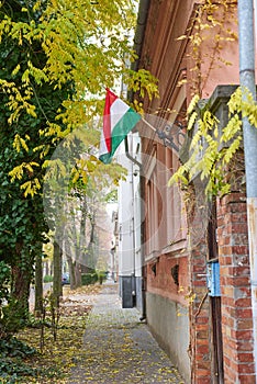 Hungarian flag on the street of Szeged, Hungary