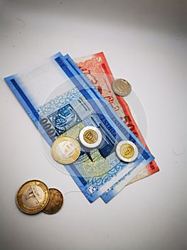 Hungarian forint banknotes and coins on white background