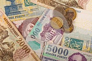 Hungarian Forint Notes and Coins on a table