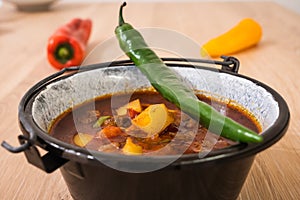 Hungarian Goulash or Gulyas Served in a Small Cauldron
