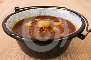 Hungarian Goulash or Gulyas Served in a Small Cauldron
