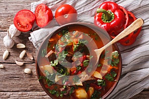 Hungarian goulash soup bograch close-up. horizontal top view