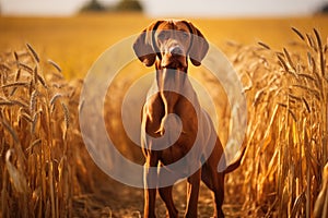 Hungarian hunter dog vizsla in the field of golden wheat, Hungarian hound pointer vizsla dog in autumn time in the field, AI