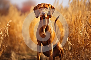 Hungarian hunter dog vizsla sitting in a wheat field, Hungarian hound pointer vizsla dog in autumn time in the field, AI Generated