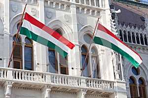 Hungarian national flags on the hungarian parliament building