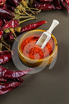 Hungarian paprika in wooden bowl with scoop