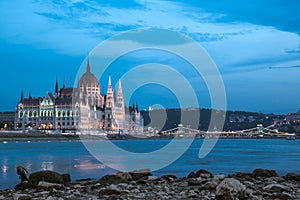 HUNGARIAN PARLIAMENT AT BLUE HOUR, BUDAPEST.