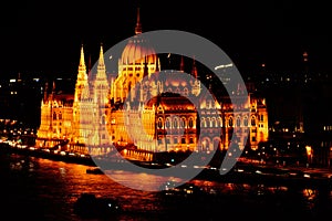 The Hungarian Parliament in Budapest and the Royal castle at the opposite side at night