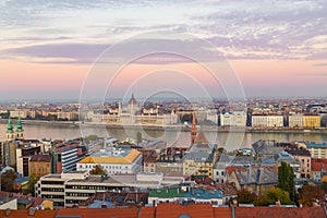 Hungarian Parliament and Budapest Skyline at sunset