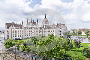 Hungarian parliament building from behind on a sunny day in summer season in Budapest, Hungary - aerial view