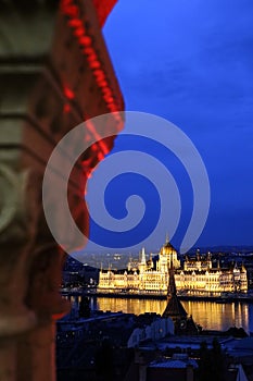 Hungarian Parliament Building in Budapest from Fishermans Bastion