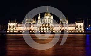 Hungarian Parliament building, in Budapest, at night. The building is lit up