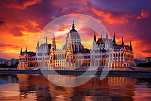 Hungarian Parliament Building in Budapest at sunset, Hungary. Beautiful landscape, Hungarian parliament, Budapest, at sunset, AI