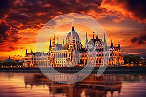 Hungarian Parliament building in Budapest at sunset, Hungary, Europe, Hungarian parliament, Budapest, at sunset, AI Generated