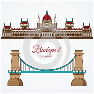 Hungarian Parliament Building and the Chain Bridge. The symbol of Budapest, Hungary.