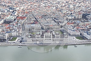 Hungarian Parliament Building and Danube River in Budapest Cityscape: Stunning View from a Drone Point of View