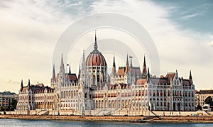 Hungarian parliament building and Danube river, Budapest, Hungary.