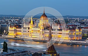 Hungarian Parliament Building and Danube river at dusk, Budapest, Hungary