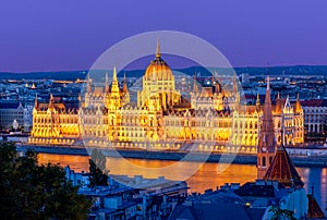 Hungarian Parliament building and Danube river at sunset, Budapest, Hungary