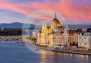 Hungarian parliament building and Danube river at sunset, Budapest, Hungary