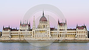 Hungarian Parliament Building at dusk from across the Danube river, Budapest, Hungary