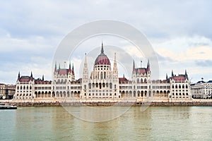 Hungarian Parliament Building in the evening at the Danube river in Budapest, Hungary