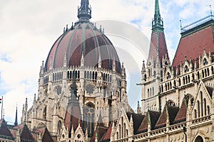 Hungarian Parliament Building in the evening at the Danube river in Budapest, Hungary