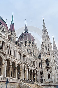 Hungarian Parliament Building in the evening at the Danube river in Budapest, Hungary