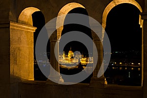 Hungarian parliament building from the Fisherman`s Bastion at night, Budapest, Hungary