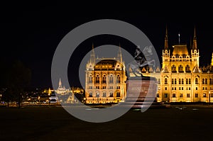 Hungarian parliament building illuminated at night, Budapest, Hungary