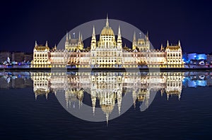 Hungarian Parliament Building at night with reflection in Danube river, Budapest, Hungary