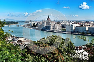 Panorama on Parliament of Budapest and Danube river in Hungary.