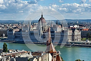 Panorama on Parliament of Budapest and Danube river in Hungary.