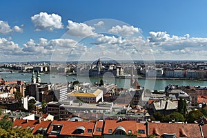 Panorama on Parliament of Budapest and Danube river in Hungary.