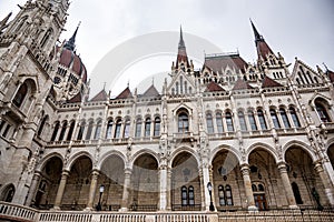 The Hungarian Parliament building on a rainy fall day in Budapest, the capital of Hungary