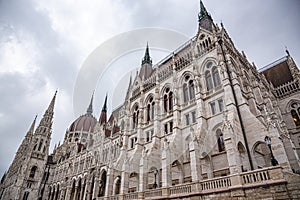 The Hungarian Parliament building on a rainy fall day in Budapest, the capital of Hungary